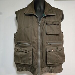 Branded Lion Sz M Olive Green Quilted Utility Vest Zip w/ Lots of Pockets STAIN